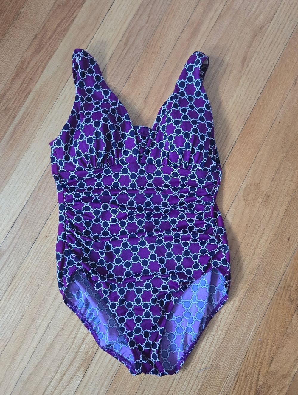 Land's End Swimsuit Ruched Slimming Purple Patterned One-Piece Swimsuit